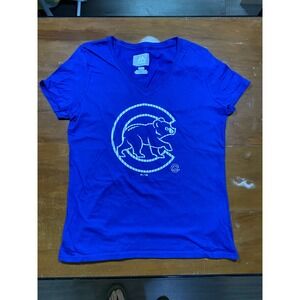 NWOT Majestic Chicago Cubs T-Shirt Women Small Blue MLB Walking Bear V-Neck